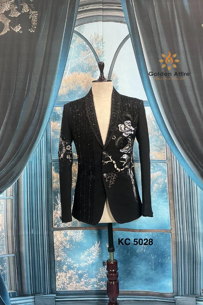 Men's Black Tuxedo Suit, Zardozi Embroidery, Custom Fit, Shawl lapel dinner suit jacket