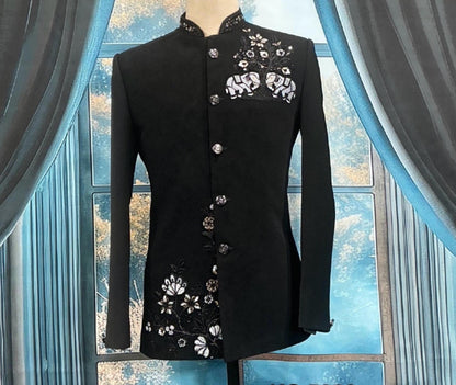 Black Jodhpuri Wedding Suit, Zardozi Embroidery, Customizable Fit