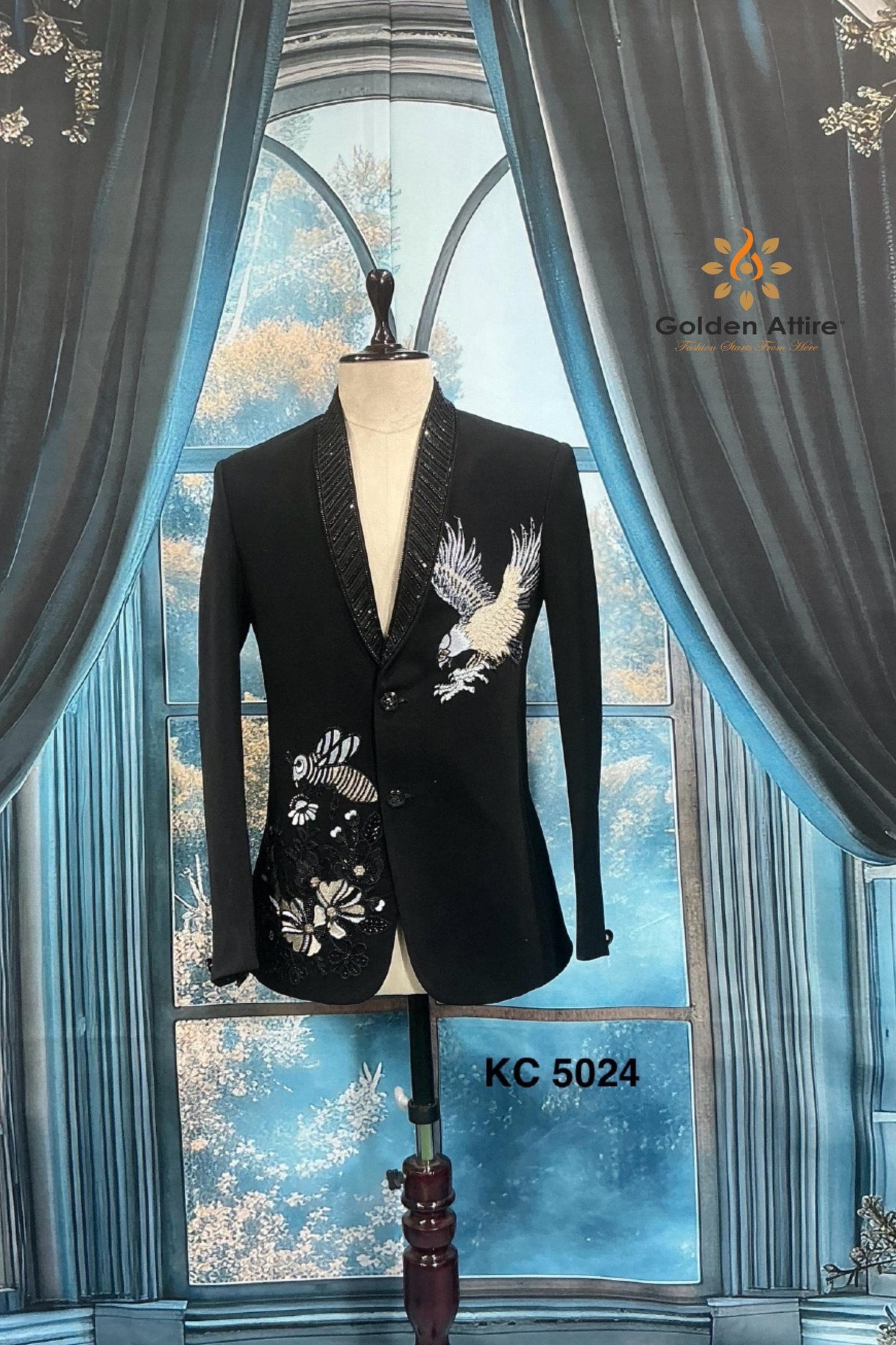 Black Tuxedo Suit: Tailored Fit, Zardozi Embroidery, Groom wedding outfit