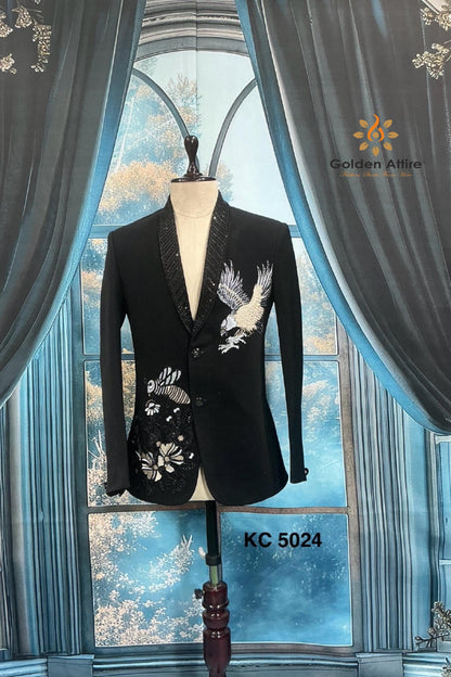 Black Tuxedo Suit: Tailored Fit, Zardozi Embroidery, Groom wedding outfit