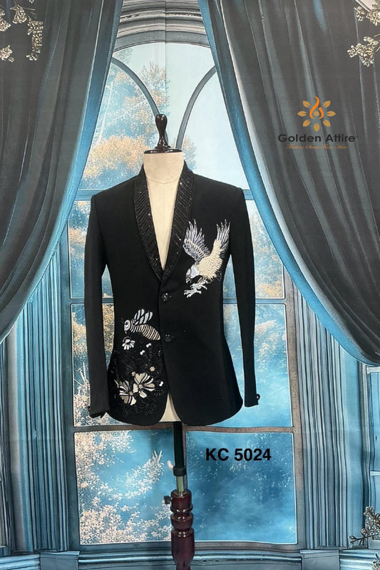 Black Tuxedo Suit: Tailored Fit, Zardozi Embroidery, Groom wedding outfit