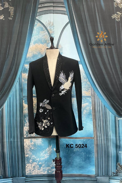 Black Tuxedo Suit: Tailored Fit, Zardozi Embroidery, Groom wedding outfit