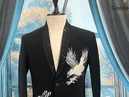 Black Tuxedo Suit: Tailored Fit, Zardozi Embroidery, Groom wedding outfit