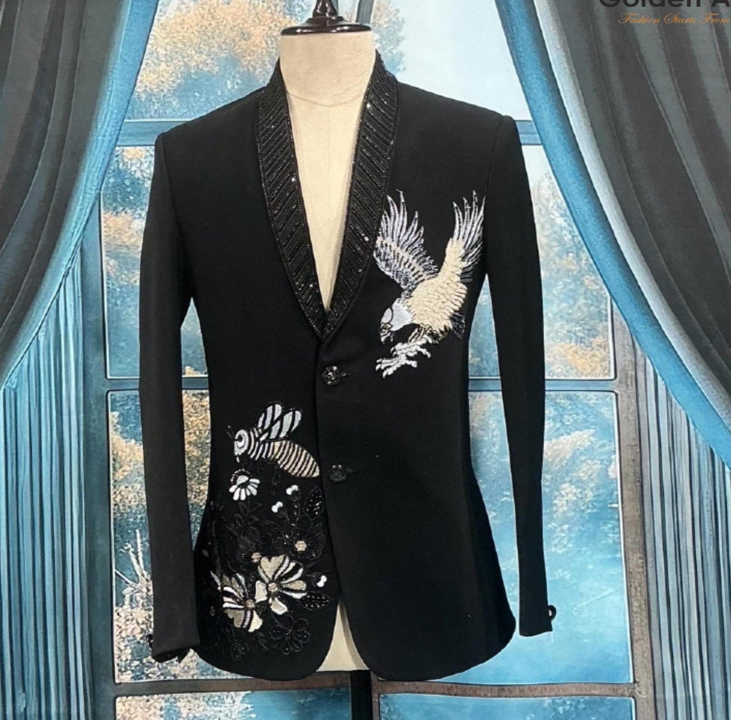 Black Tuxedo Suit: Tailored Fit, Zardozi Embroidery, Groom wedding outfit