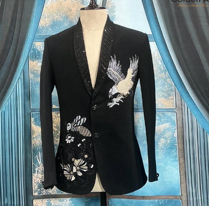 Black Tuxedo Suit: Tailored Fit, Zardozi Embroidery, Groom wedding outfit