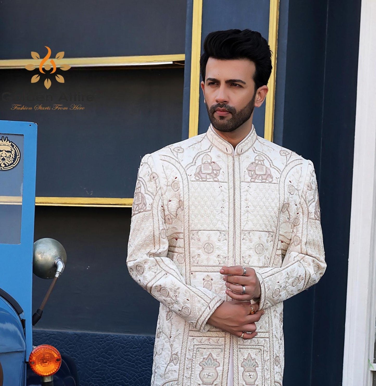 Cream Art Silk Groom Sherwani, Zardozi Embroidery, Indian Wedding Outfit