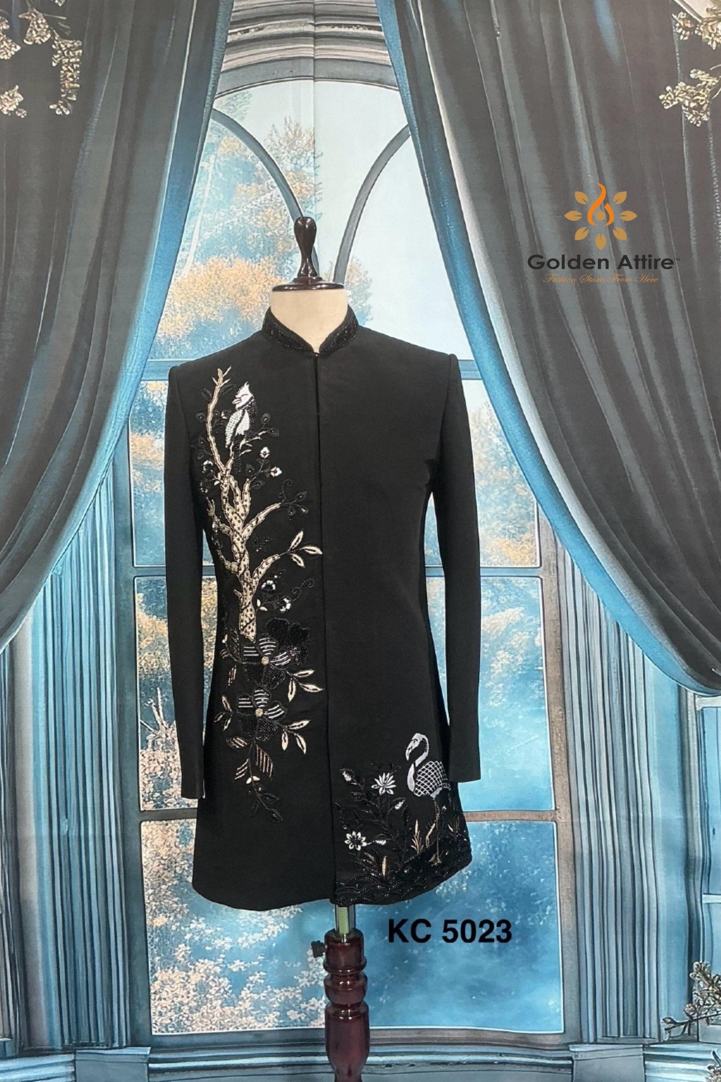 Black Indo Western Sherwani, Zardozi Embroidery, Groom Outfit