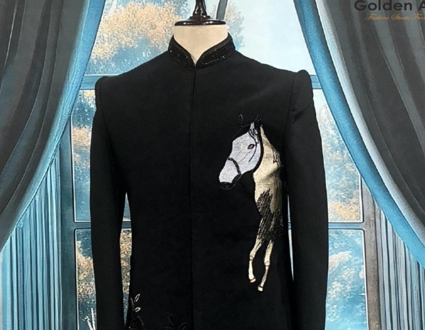 Black Indo-Western Groom Sherwani: Horse Zardozi Embroidery Wedding Outfit