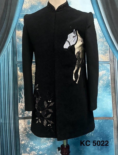 Black Indo-Western Groom Sherwani: Horse Zardozi Embroidery Wedding Outfit