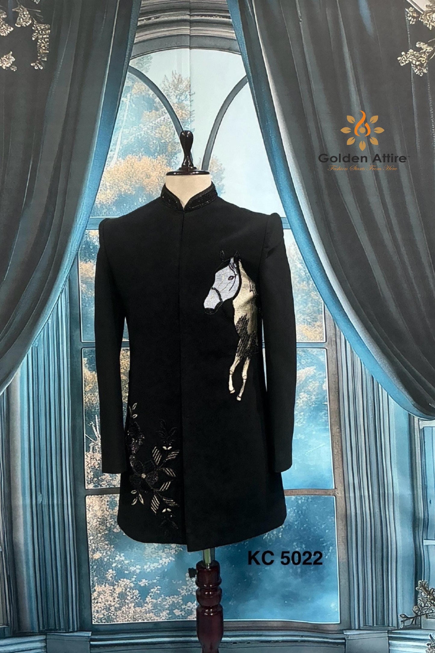 Black Indo-Western Groom Sherwani: Horse Zardozi Embroidery Wedding Outfit