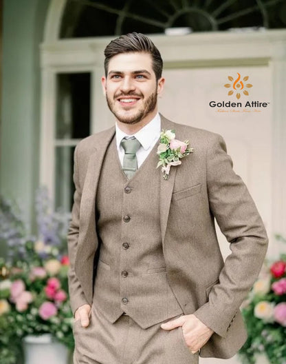 Tan Brown Tweed Groom Suit, 3-Piece Wool Wedding Suit