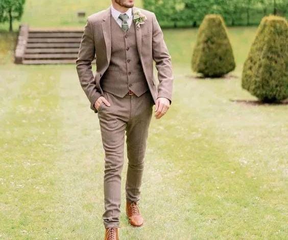 Tan Brown Tweed Groom Suit, 3-Piece Wool Wedding Suit