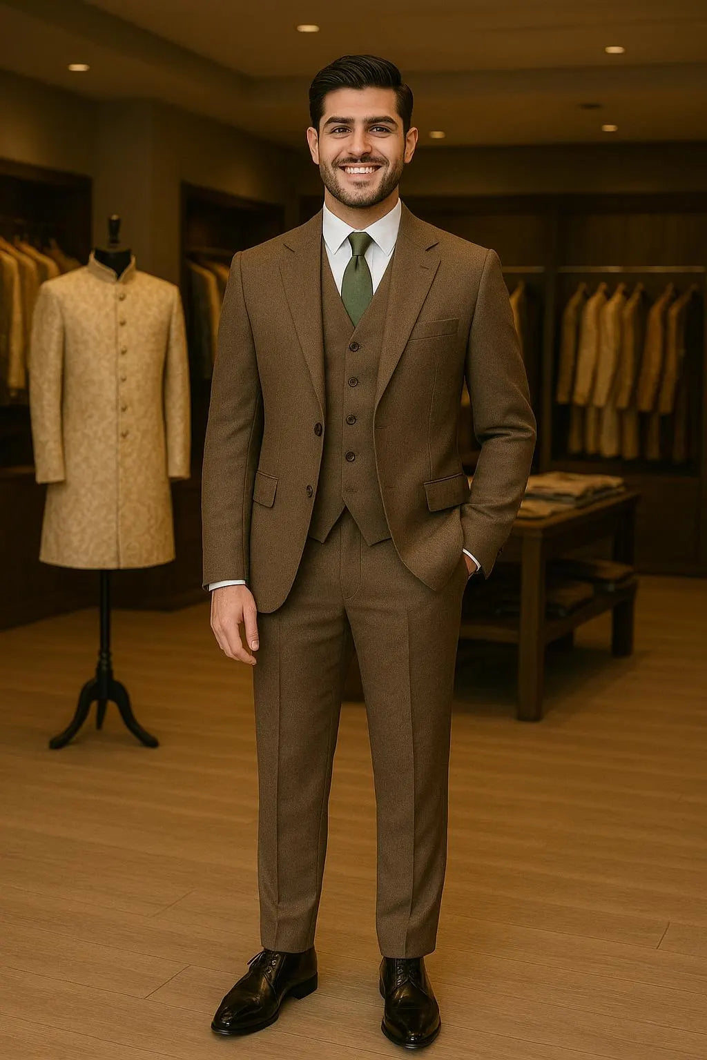 Men's Custom Brown Tweed 3-Piece Groom Suit | Comfortable Luxury Wedding Suit