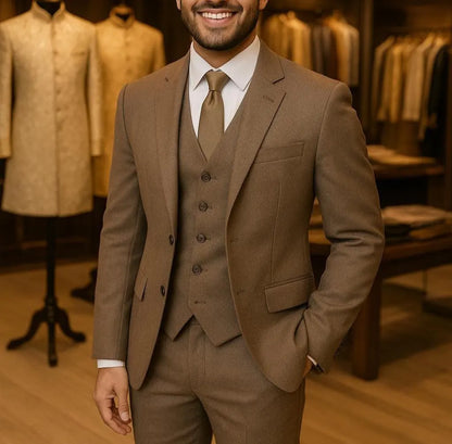 Men's Custom Brown Tweed 3-Piece Groom Suit | Comfortable Luxury Wedding Suit