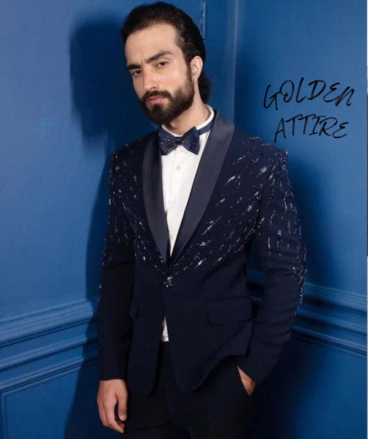 Black Tuxedo Suit, Hand Embroidered 3-Piece Wedding Groom Outfit