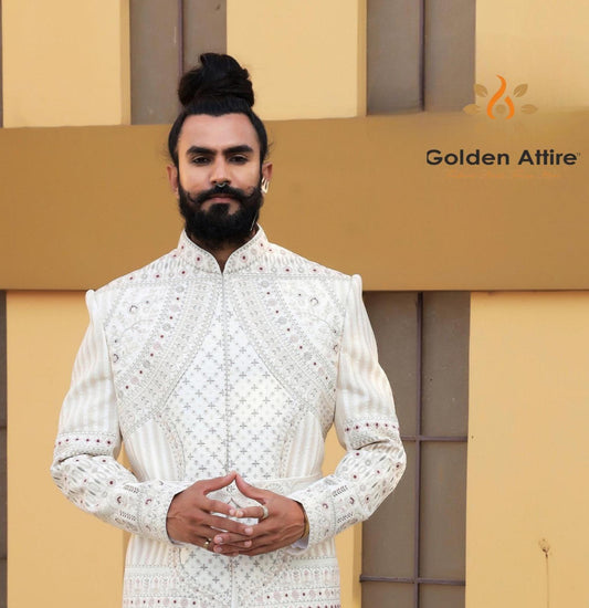 Smoke White Zardosi Sherwani: Indian Wedding Groom Outfit, Customizable Fit