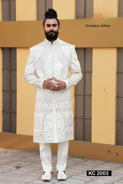 Smoke White Zardosi Sherwani: Indian Wedding Groom Outfit, Customizable Fit