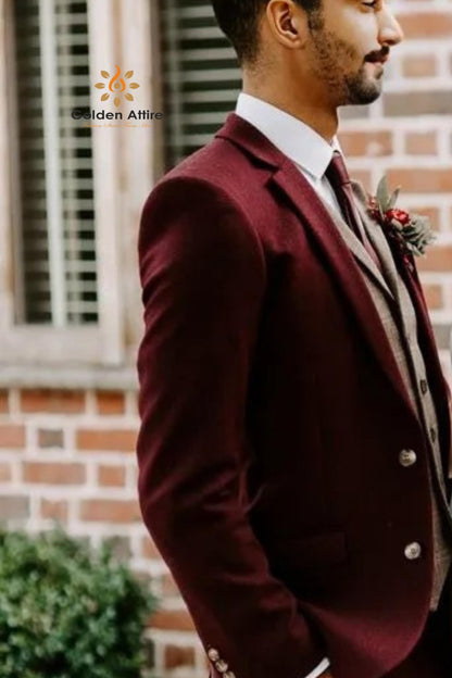 Burgundy Tweed Groom Suit: Three-Piece Wool Suit, Customizable fit
