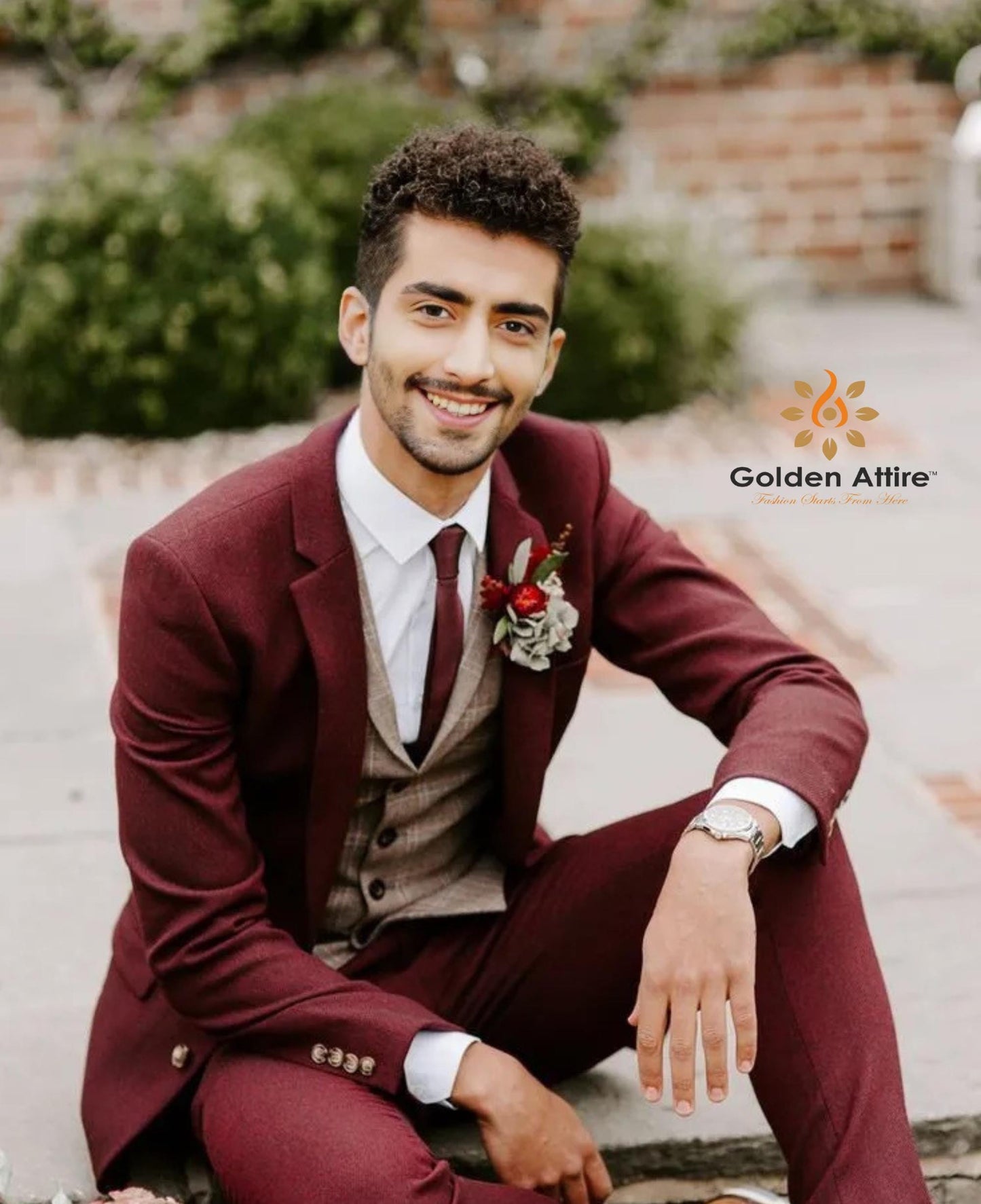 Burgundy Tweed Groom Suit: Three-Piece Wool Suit, Customizable fit