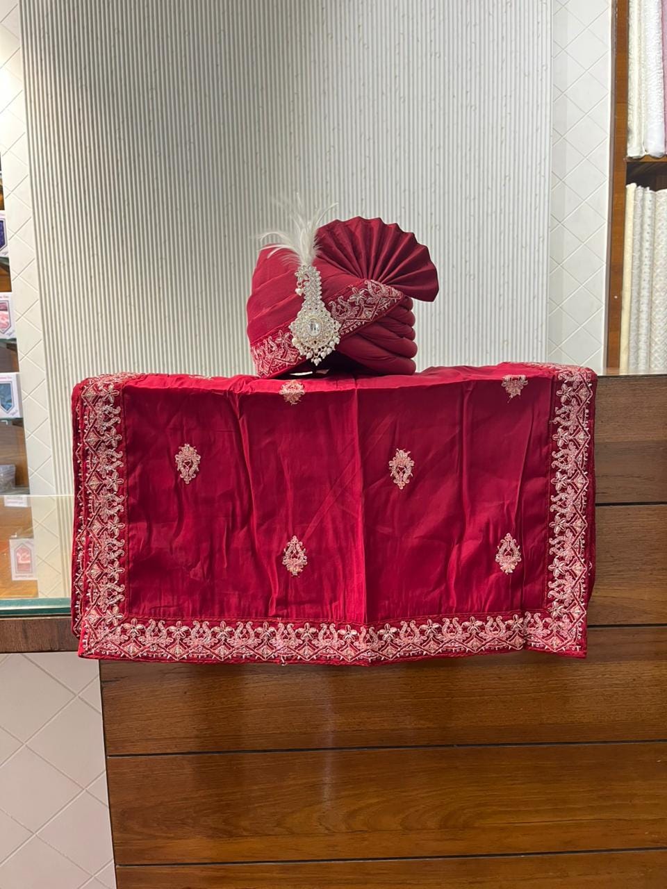 Red Embroidered Groom Shawl and Turban Set