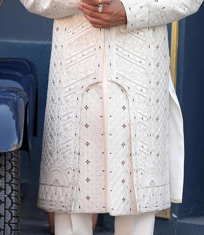 Ivory Art Silk Sherwani with Zardozi Embroidery - Indian Groom Wedding Outfit