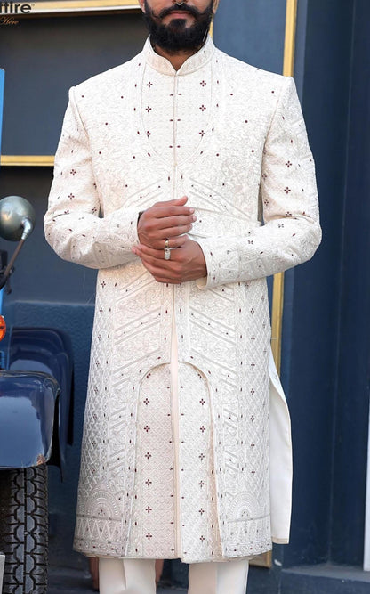 Ivory Art Silk Sherwani with Zardozi Embroidery - Indian Groom Wedding Outfit