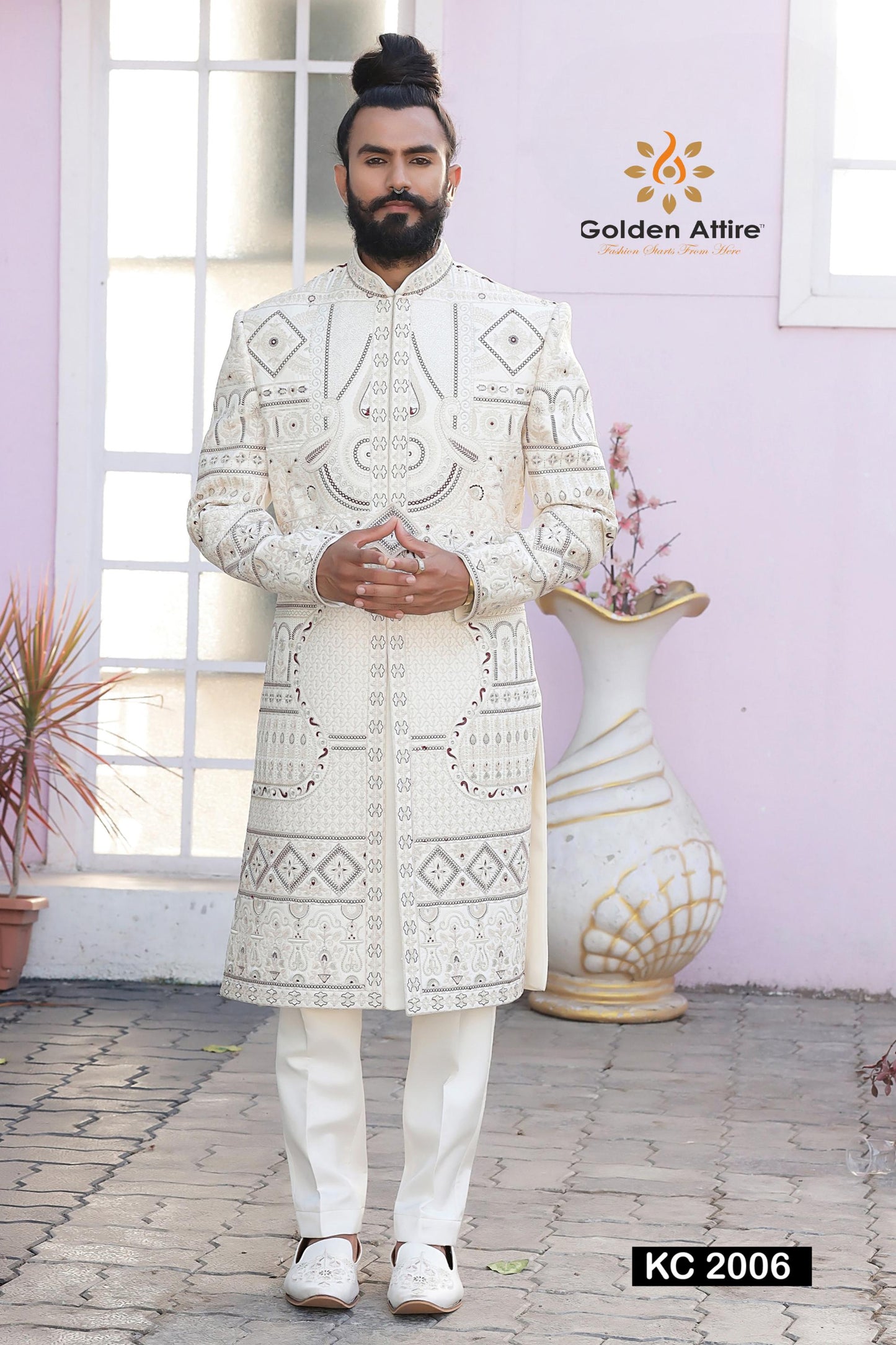 Cream Sherwani For Groom, Zardozi Embroidery Indian Wedding Outfit,