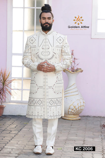 Cream Sherwani For Groom, Zardozi Embroidery Indian Wedding Outfit,
