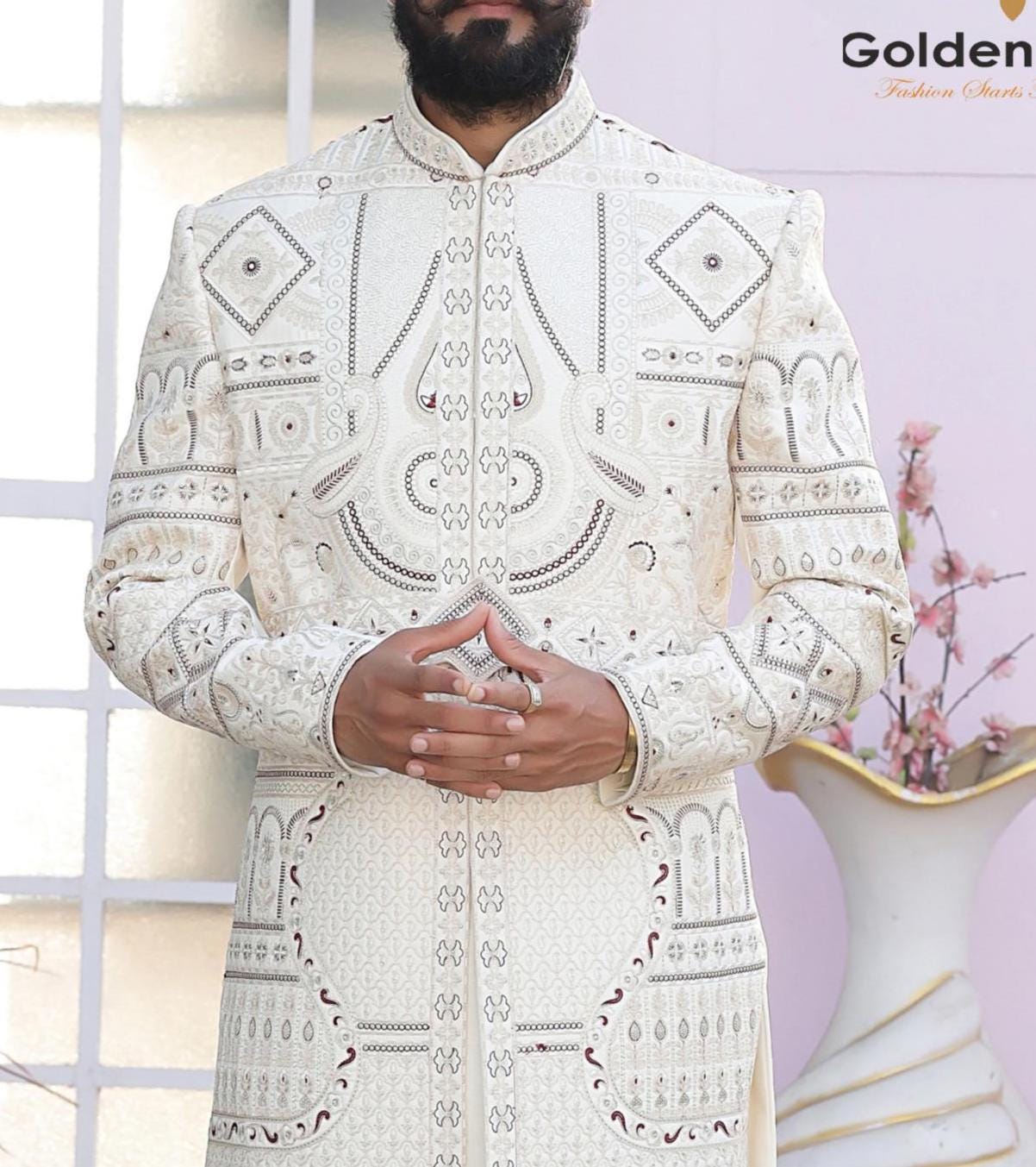 Cream Sherwani For Groom, Zardozi Embroidery Indian Wedding Outfit,