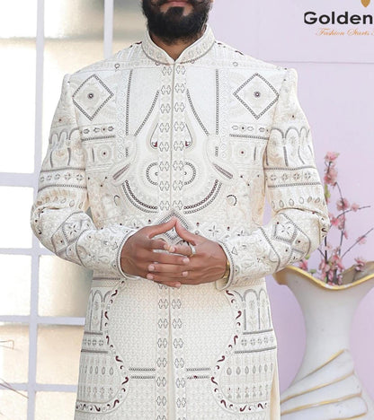 Cream Sherwani For Groom, Zardozi Embroidery Indian Wedding Outfit,