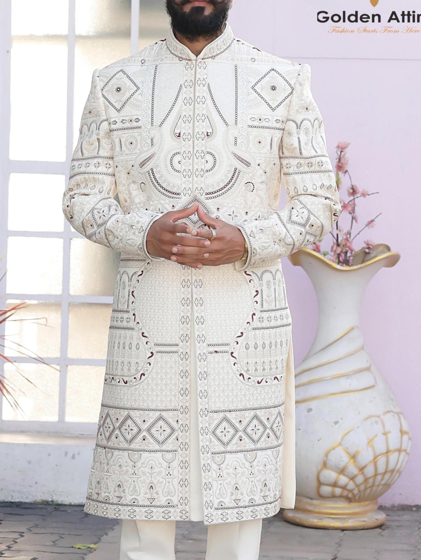 Cream Sherwani For Groom, Zardozi Embroidery Indian Wedding Outfit,