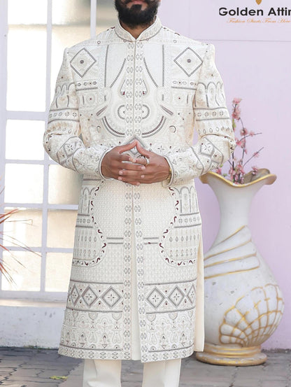 Cream Sherwani For Groom, Zardozi Embroidery Indian Wedding Outfit,