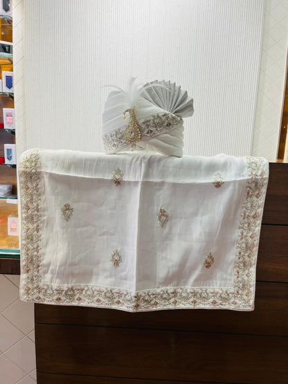 Ivory Indian Groom Turban, Art Silk Wedding Safa, Embroidered Shawl