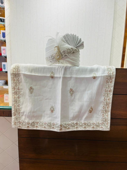 Ivory Indian Groom Turban, Art Silk Wedding Safa, Embroidered Shawl