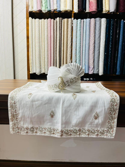 Ivory Indian Groom Turban, Art Silk Wedding Safa, Embroidered Shawl
