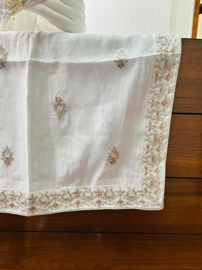 Ivory Art Silk Indian Groom Turban and Shawl Set, Embroidered Wedding Safa