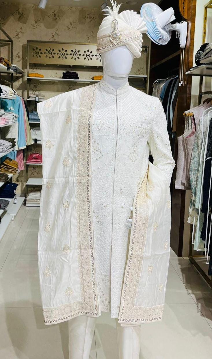 Ivory Art Silk Indian Groom Turban and Shawl Set, Embroidered Wedding Safa