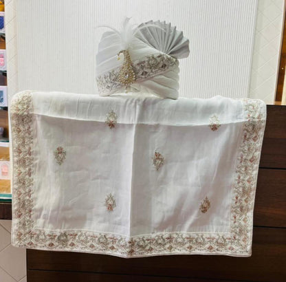 Ivory Art Silk Indian Groom Turban and Shawl Set, Embroidered Wedding Safa