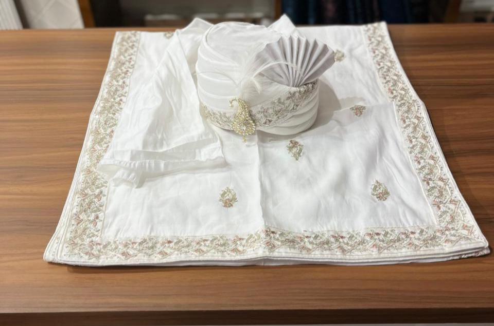 Ivory Art Silk Indian Groom Turban and Shawl Set, Embroidered Wedding Safa