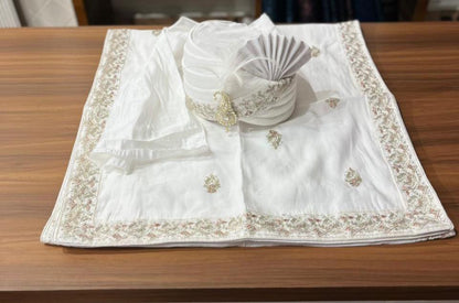 Ivory Art Silk Indian Groom Turban and Shawl Set, Embroidered Wedding Safa