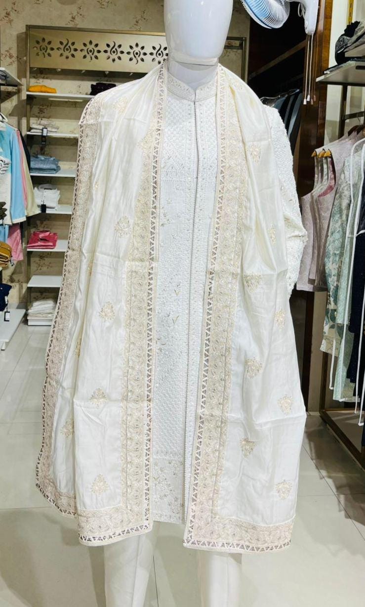 Ivory Art Silk Indian Groom Turban and Shawl Set, Embroidered Wedding Safa