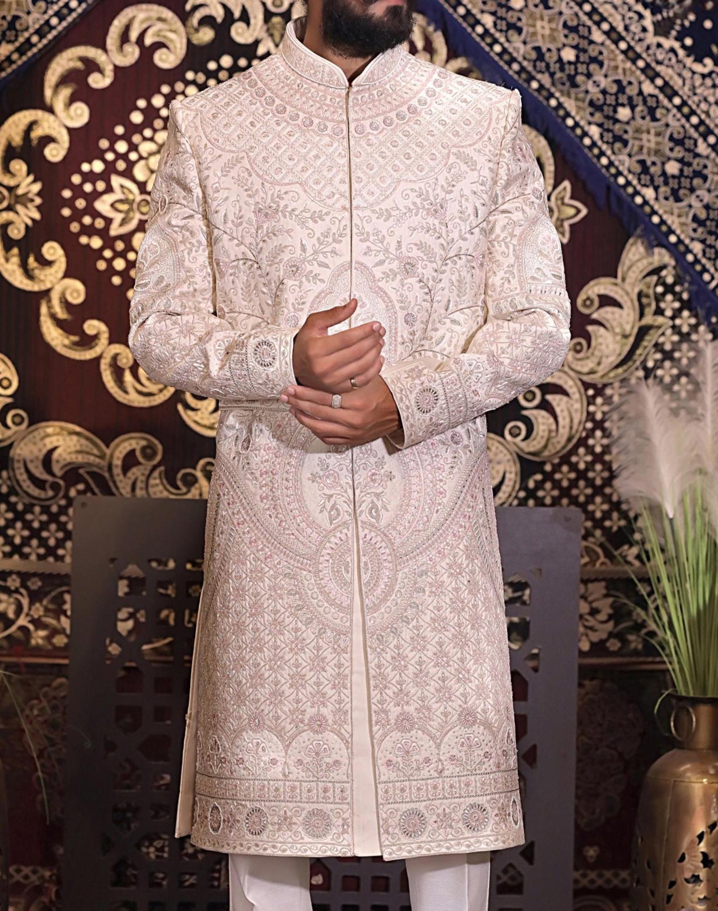 Rose Gold Dulha Sherwani, Art Silk Zardozi Embroidery, Groom Outfit