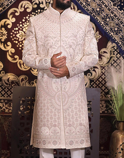 Rose Gold Dulha Sherwani, Art Silk Zardozi Embroidery, Groom Outfit