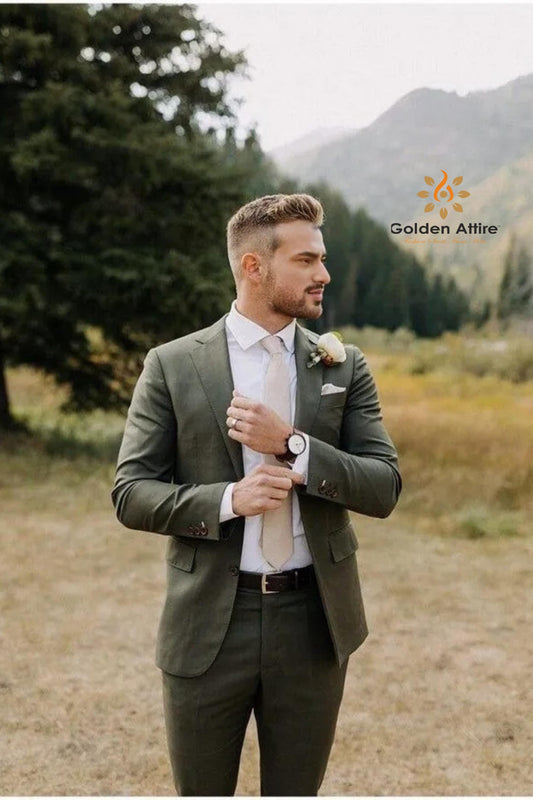 Olive Green Suit, 2-Piece Wedding Set wedding reception Suits for groom, bespoke
