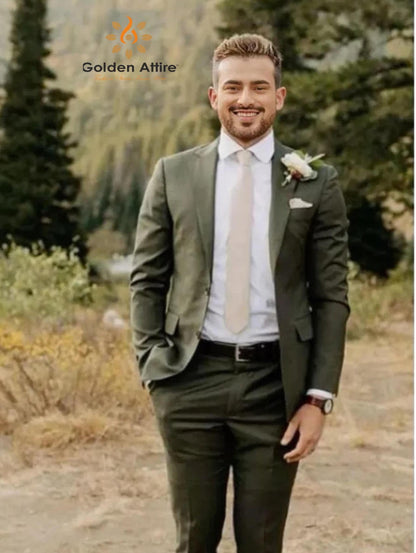 Olive Green Suit, 2-Piece Wedding Set wedding reception Suits for groom, bespoke