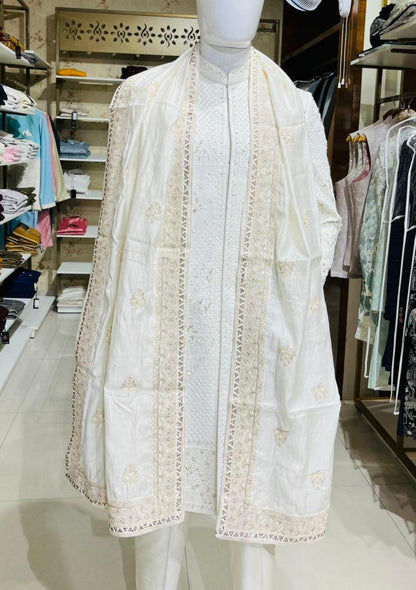 Cream Shawl & Turban Set, Embroidered Indian Wedding stole