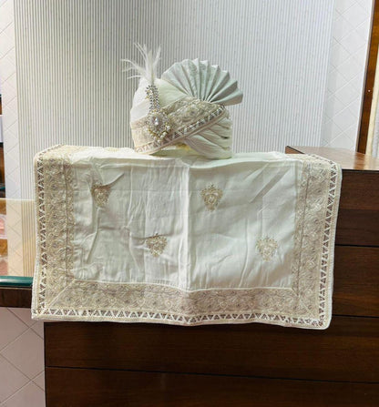 Cream Shawl & Turban Set, Embroidered Indian Wedding stole