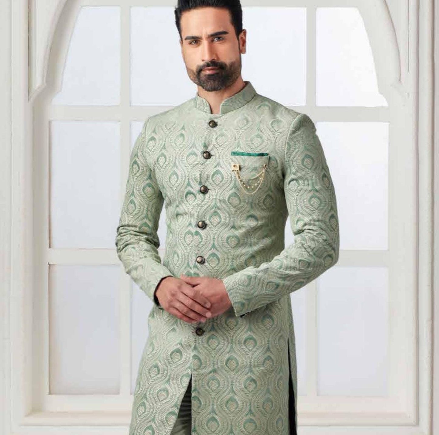 Sage Green Embroidered Sherwani Set, Indian Wedding Groom Outfit, Indo Western for men