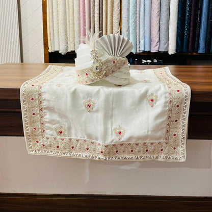 Ivory Indian Wedding Turban Shawl, Pink Booti Embroidery, Art Silk Safa