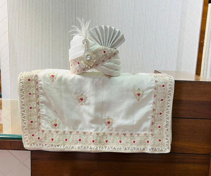 Ivory Indian Wedding Turban Shawl, Pink Booti Embroidery, Art Silk Safa